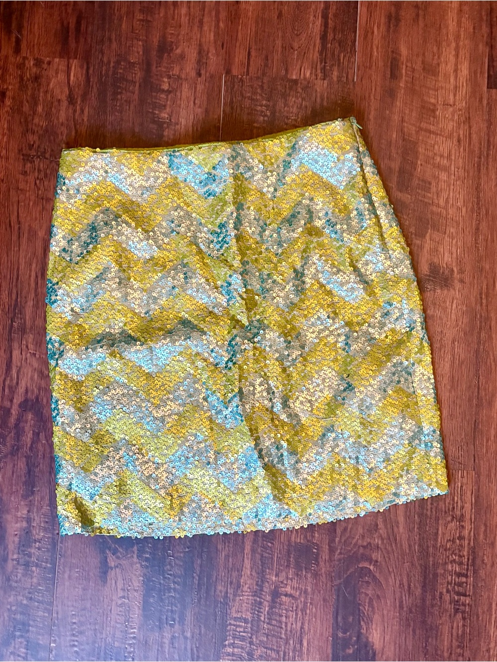Sevier handmade Sequin Chevron Mini Skirt in Yellow-Green and Light Blue